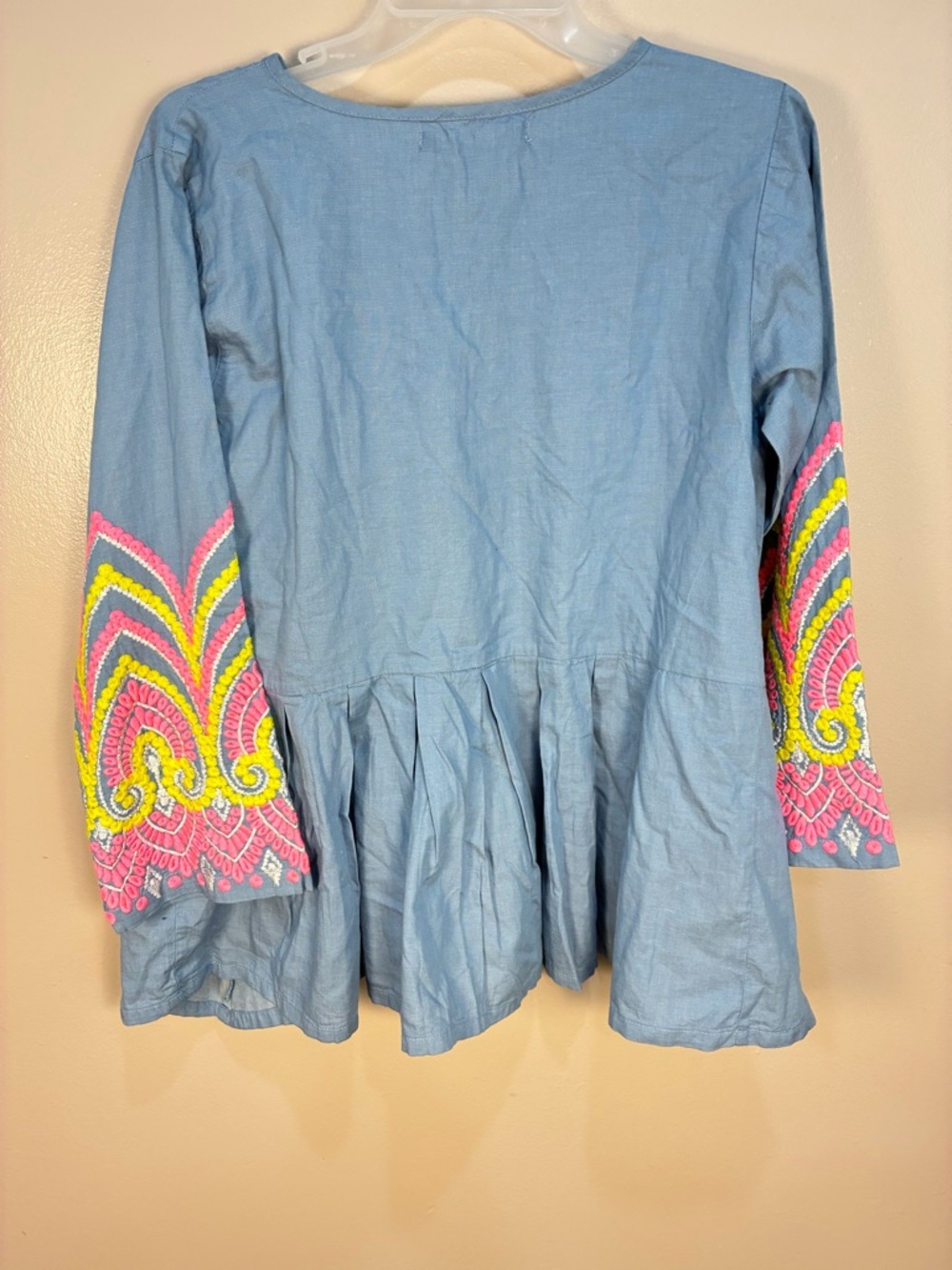 Khaadi Embroidered Sleeve Pearl Detail Peplum Hem Chambray Blouse - Picture 7 of 9